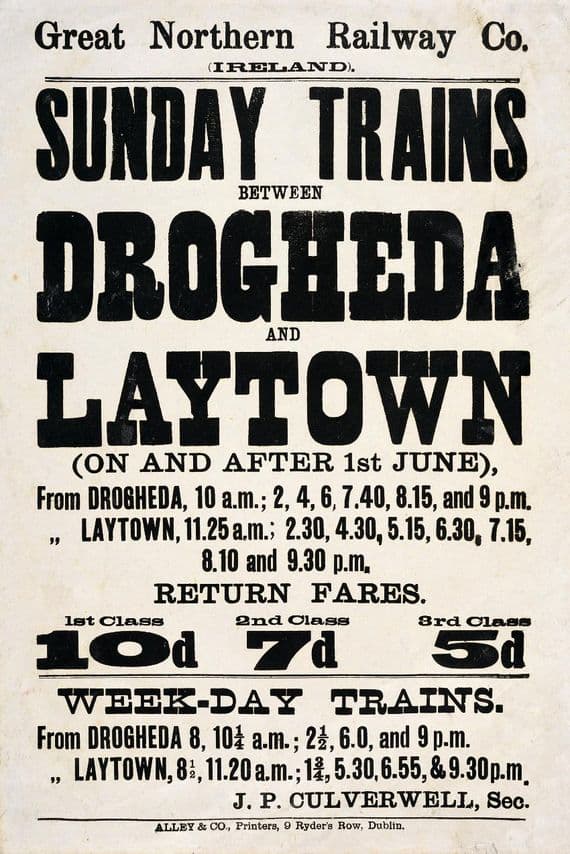 Drogheda & Laytown Irish Railway Train Timetable Poster Ireland.  By Great Northern Railway