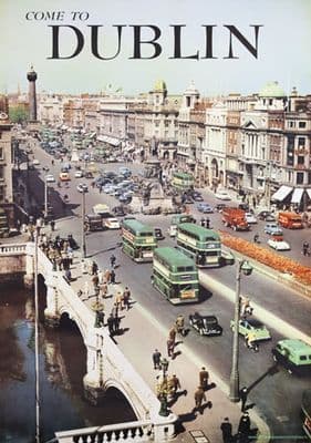 Dublin, Green Buses O'Connell Street Bridge.  Travel Poster, Come to Dublin, Ireland