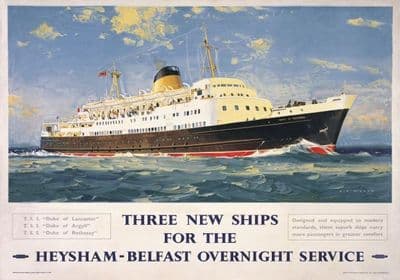 Duke of Lancaster. Heysham-Belfast Ferry Service. Vintage BR Travel poster by Wilcox