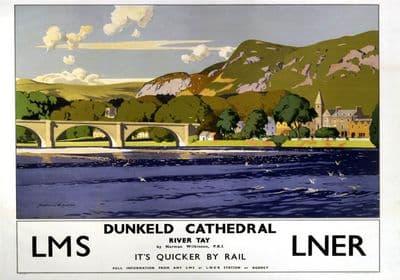 Dunkeld Cathedral - River Tay, LMS/LNER Travel Poster by Norman Wilkinson
