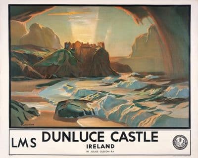 Dunluce Castle, County Antrim, Northern Ireland. Vintage LMS Travel poster by Julius Olsson. 1924