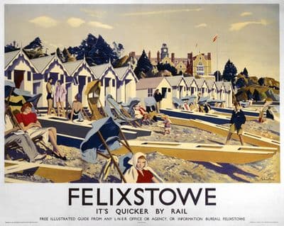 Felixstowe England. Its Quicker by Rail. English Railway Travel Poster Print,