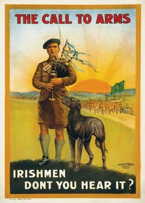 First World War Poster, Ireland.  The call to arms. Irishmen don't you hear it? Bagpipes Wolf Hound.