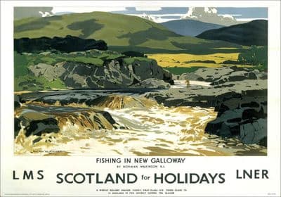 Fishing in New Galloway, Kirkcudbrightshire. LMS/LNER Vintage Travel Poster by Norman Wilkinson