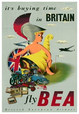 Fly B.E.A. it's buying time in Britain. Airline Travel Poster by John Bainbridge