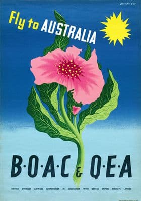Fly to Australia: B.O.A.C. and Q.E.A. Vintage Travel Poster by John Bainbridge