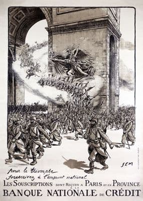 Français Première Guerre Mondiale de poster. Abonnements nationaux de la dette reçus à Paris et dans les provinces de la Banque Nationale de Crédit.