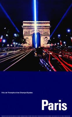 French Travel poster, L'Arc de Triomphe at night, Paris, France