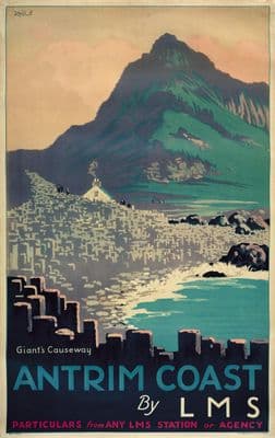 Giants Causeway, Antrim Coast, Northern Ireland. Vintage LMS Irish Travel poster by RG Praill