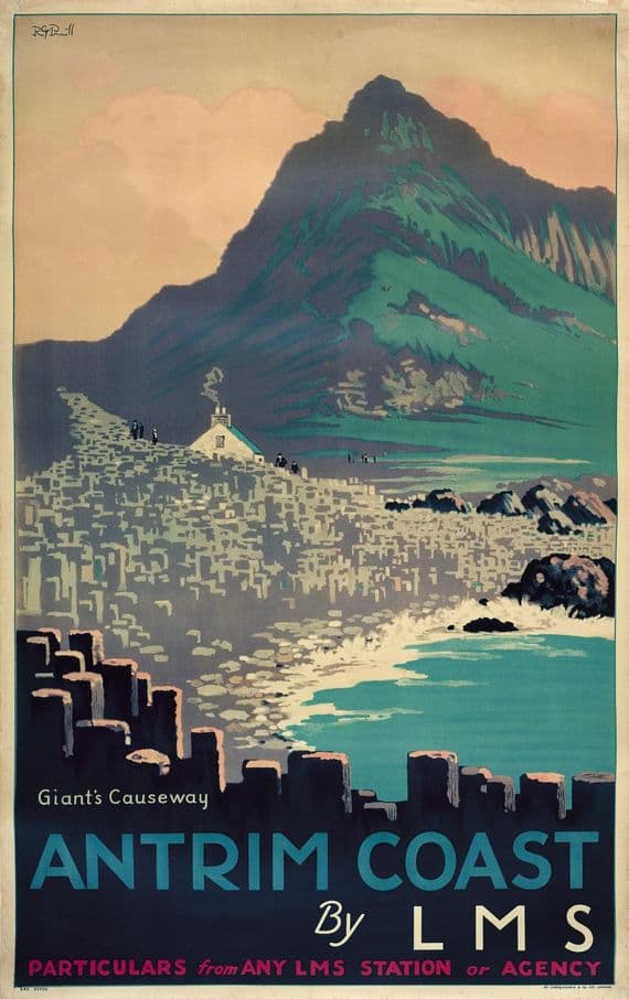 Giants Causeway, Antrim Coast, Northern Ireland. Vintage LMS Irish Travel poster by RG Praill