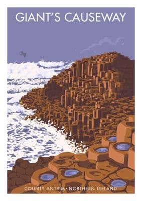 Giants Causeway, County Antrim, Northern Ireland.   Irish vintage inspired travel  poster