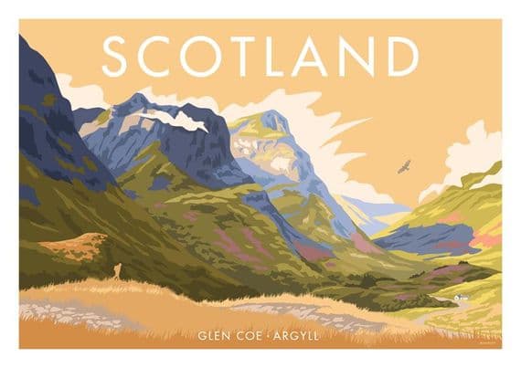 Glen Coe, Argyll, Scotland Vintage inspired Scottish Poster by Stephen Millership