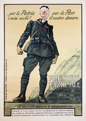 Guerra mondiale un poster.  Per la Patria i mieli occhi! Per la Pace il vosto denaro. Prestito Nazionale. Italian First World War poster
