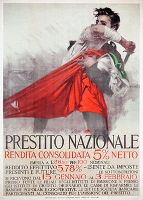 Guerra mondiale un poster.  Prestito nazionale rendita consolidata 5% netto / M. Borgoni.  Italian First World War Poster