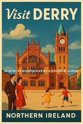 Guildhall, Visit Derry , Northern Irish, North of Ireland, Retro, Vintage Inspired Poster