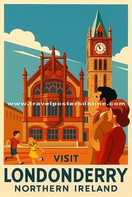 Guildhall, Visit Londonderry , Northern  Ireland, Retro, Vintage Inspired Poster