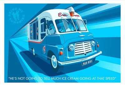 He's not going to sell much ice cream going at that speed.  Vintage inspired poster