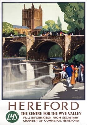 Hereford Cathedral & Old Wye Bridge. LMS Vintage Railway Travel Poster by Claude Buckle