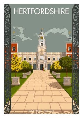 Hertfordshire, Hatfield House, England.  English vintage inspired travel poster,  Stephen Millership