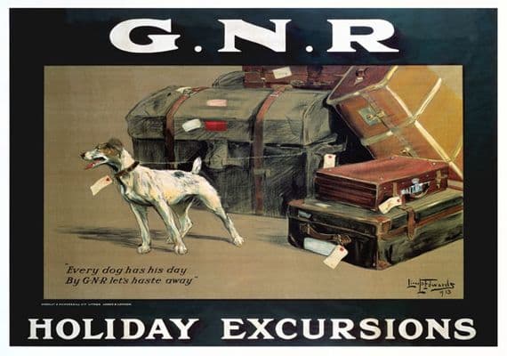 Holiday Excursions, Every Dog Has His Day. Vintage GNR Travel poster by Lionel D Edwards. 1913