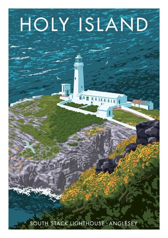 Holy Island, Anglesey, Wales.  Vintage inspired Welsh travel poster by Stephen Millership