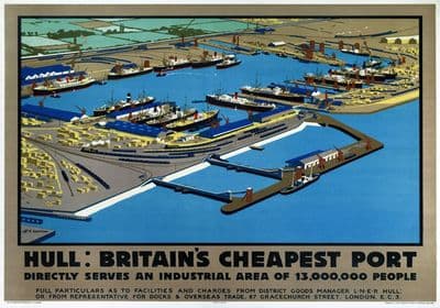 Hull, Britains Cheapest Port, Yorkshire. Vintage LNER Travel poster by H G Gawthorn. 1929
