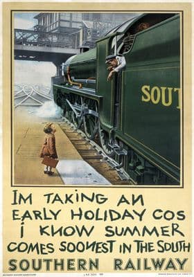 Im Taking an Early Holiday. Waterloo Station. Vintage SR Travel poster. 1936