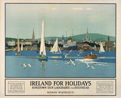 Irish Art Travel Poster, Dun Laoghaire Kingston, County Wicklow, Ireland, by Norman Wilkinson