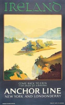 Irish Art Travel Poster, gealic writing, killarney, Ireland by Anchor Line