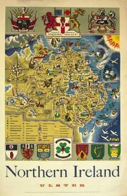 Irish Art Travel Poster Map of Northern Ireland, Ulster