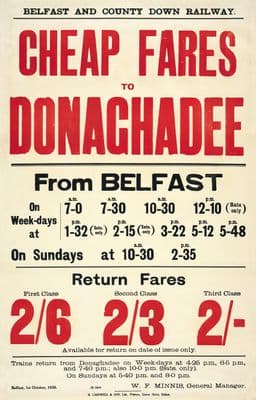 Irish Railway Timetable Poster, Cheap Fares to Donaghadee From Belfast, North Ireland