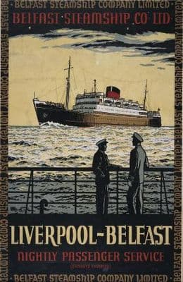 Irish Shipping, Vintage Travel  Poster, Belfast - Liverpool, Belfast Steamship Company Ltd