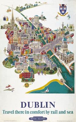 Irish Travel Art Poster, Dublin, Map, River Liffey, Ireland