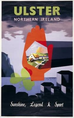 Irish Travel Art Poster, Red Hand of Ulster, Northern Ireland, Shamrock and Giants Causeway