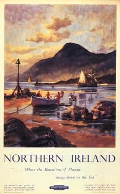 Irish Travel Poster, Carlingford Lough, Mourne Mountains, Northern Ireland