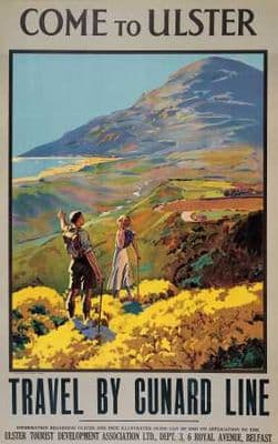 Irish Travel Poster,Come to Ulster,Travel by Cunard Line, Mourne, County Down,  Northern Ireland