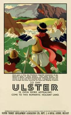 Irish Travel Poster, Finn McCool, Red hand of Ulster, Northern Ireland