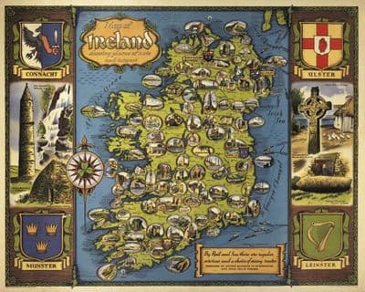 Irish Travel Railway Art Poster Ireland provences and Counties, Map