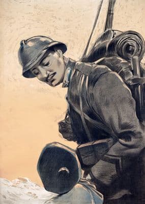 Italian First World War soldier looking down at his son while wearing uniform