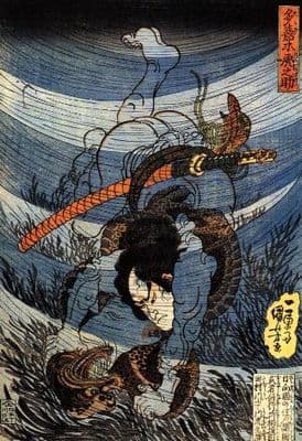 Japanese samurai poster - Samurai and sea demon under water