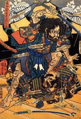 Japanese samurai warriors battling