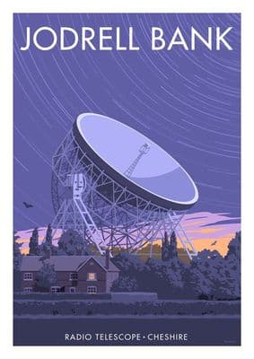 Jodrell Bank, Radio Telescope Cheshire, Vintage inspired travel poster by Stephen Millership