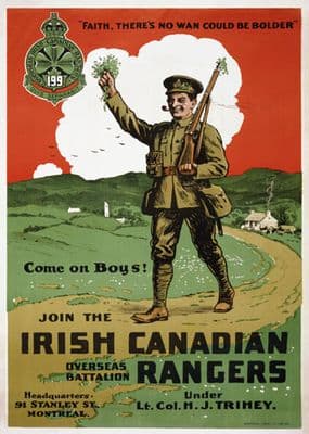 Join the Irish Canadian Rangers Overseas Battalion. World war One poster, Canada and Ireland.