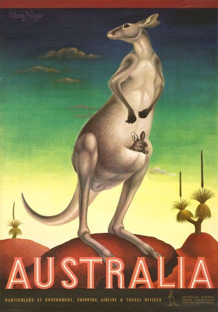 Kangaroo & Joey. Australia. Vintage Travel poster by Eileen Mayo