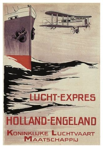 KLM Dutch Travel Poster. 1921 Lucht-Express, Holland-Engeland, Koninklijke Luchtvaart Maatschappij by H. G. Brian de Kruyff van Dorsser