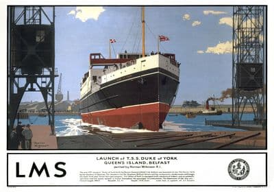 Launch of TS Duke of York, London Midland and Scottish railways poster. By Norman Wilkinson