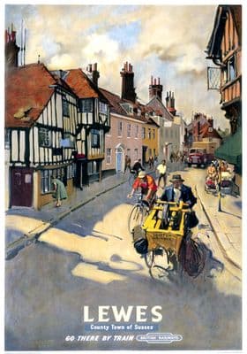Lewes, County Town of Sussex. Vintage BR Travel poster by Terence Cuneo. 1955