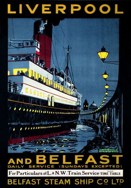 Liverpool & Belfast. Vintage Irish Shipping poster by Kenneth Shoesmith