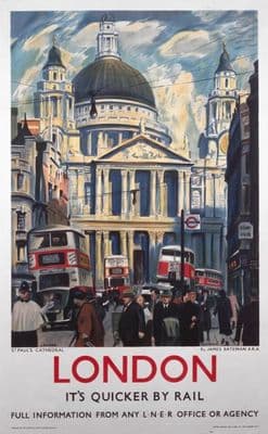 London, England Railway Travel Poster Print by LNER Railways, St Pauls Cathedral and Red Buses