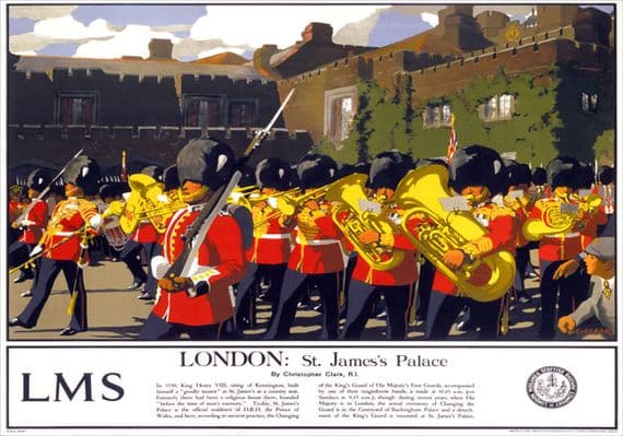 London, St Jamess Palace. Vintage LMS Travel Poster by Christopher Clark